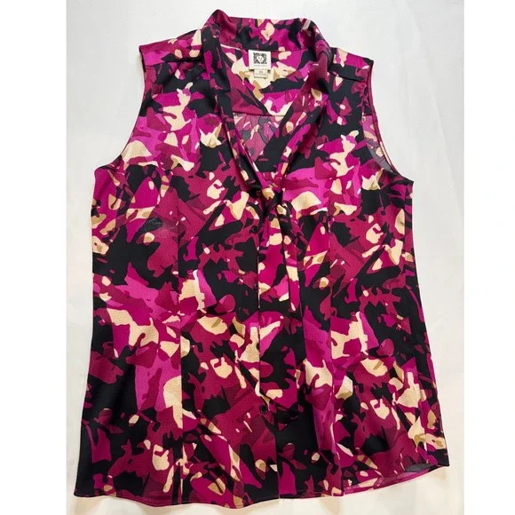 Anne Klein Blouse Women XS Pink Black Excellent Tie Neck Abstract Sleeveless - Picture 1 of 8